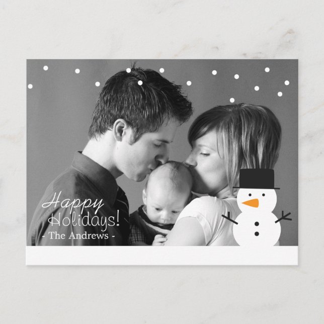 Family Holiday Greeting with Cute Snowman and Snow (Front)