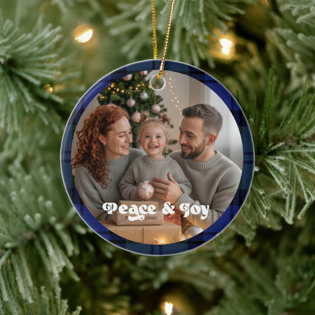Family Holiday Keepsake Plaid Christmas Photo Ceramic Ornament (Tree)
