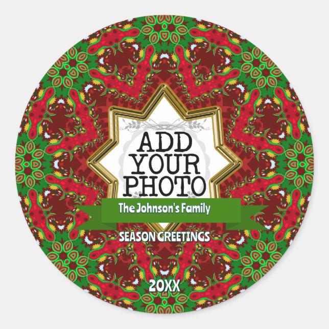 Family Holiday Photo Red Green Festive Vibe Classic Round Sticker (Front)