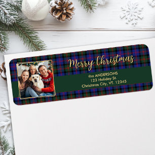 Family Holiday Plaid Gold Photo Return Address Label