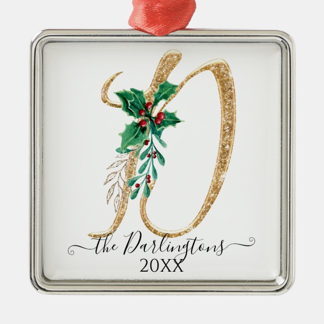 Family Holly Christmas Gold Glitter Monogram D Metal Ornament (Front)