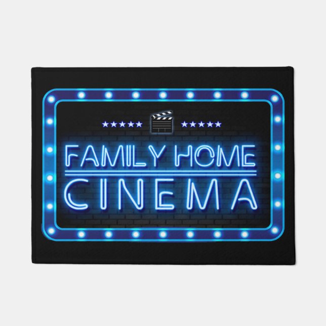 Family Home Cinema room Blue Neon effect door mat (Front)