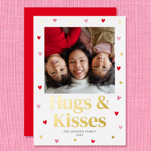 Family Hugs & Kisses Love Valentine Red Gold Foil Holiday Card