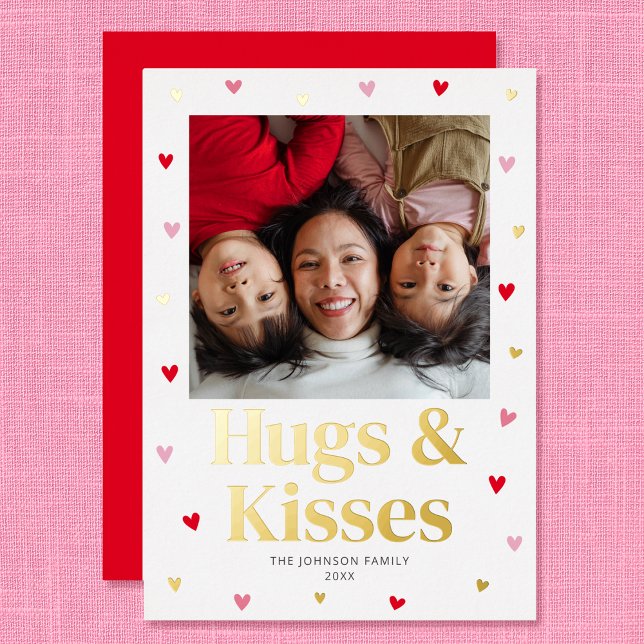 Family Hugs & Kisses Love Valentine Red Gold Foil Holiday Card (Creator Uploaded)