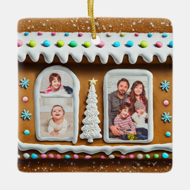 Family in Gingerbread House Christmas Photo Ceramic Ornament (Front)