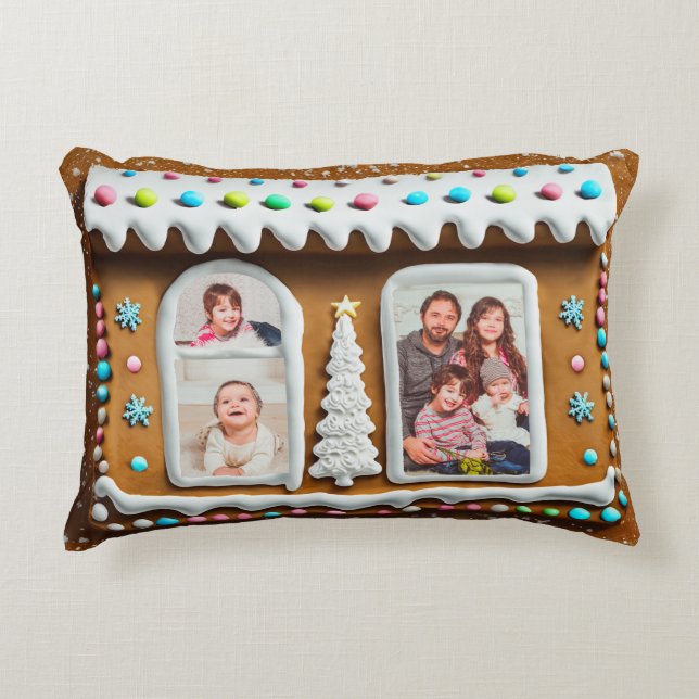 Family in Gingerbread House Christmas Photo Decorative Cushion (Front)