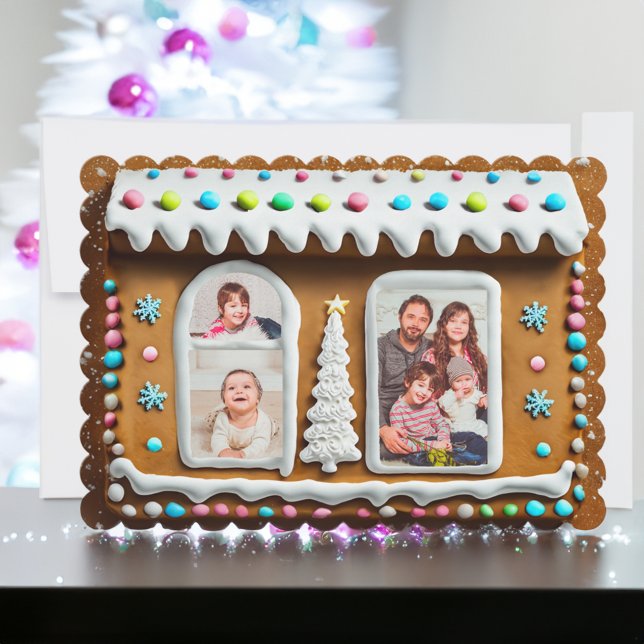 Family in Gingerbread House Christmas Photo Holiday Card (Gingerbread Family Christmas Card)