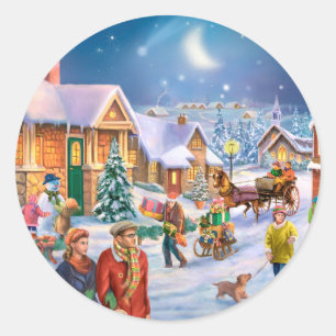 Family in snowy christmas village classic round sticker