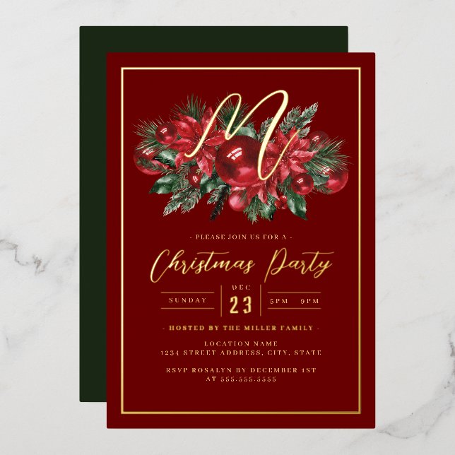 Family Initial Gold Red Foliage Christmas Party (Front/Back)