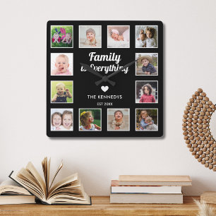 Family Is Everything 12 photo Collage Modern Black Square Wall Clock