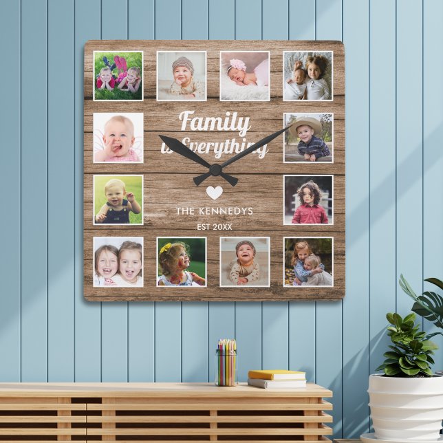 Family Is Everything 12 photo Collage Rustic Wood Square Wall Clock (Creator Uploaded)