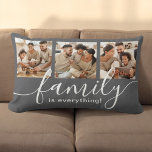 Family is Everything 3 Photo Collage Grey Lumbar Cushion<br><div class="desc">Accent your home with this attractive lumbar pillow featuring 3 special family photos. Modern handwritten script spells out "family is everything!" Share memories of cherished family time spent together and show what is important to you. Whether your own household family members or extended family, brothers, cousins, grandparents, aunts, uncles and...</div>