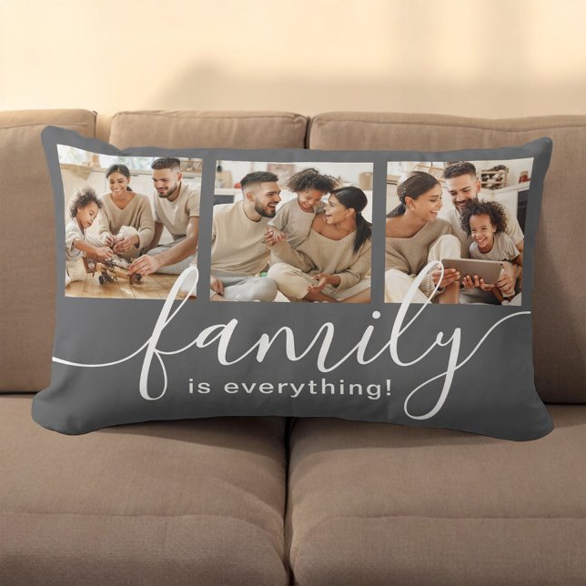 Family is Everything 3 Photo Collage Grey Lumbar Cushion (Personalize with 3 favorite family photos.)