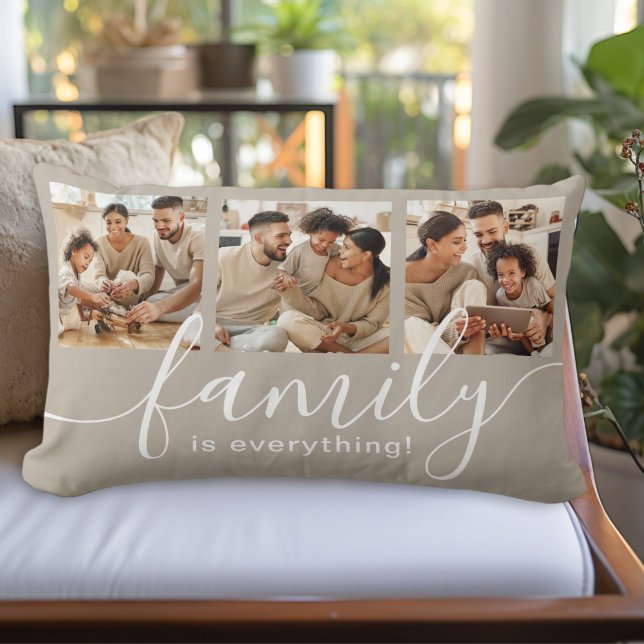 Family is Everything 3 Photo Collage Lumbar Cushion (Personalize with 3 of your favorite family photos.)