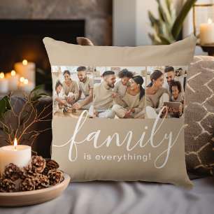 Family is Everything 3 Photo Collage Tan Cushion