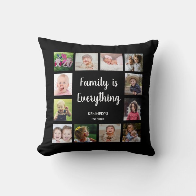 Family Is Everything Quote 12 Photo Collage Black Cushion (Front)