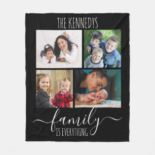 Family Is Everything Quote 4 Photo Collage Black Fleece Blanket
