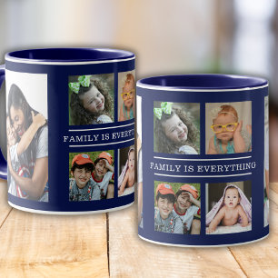 Family Is Everything Quote 6 Photo Collage Blue Mug
