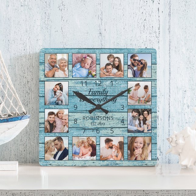 Family Is Everything Quote Photo Collage Blue Square Wall Clock (Creator Uploaded)