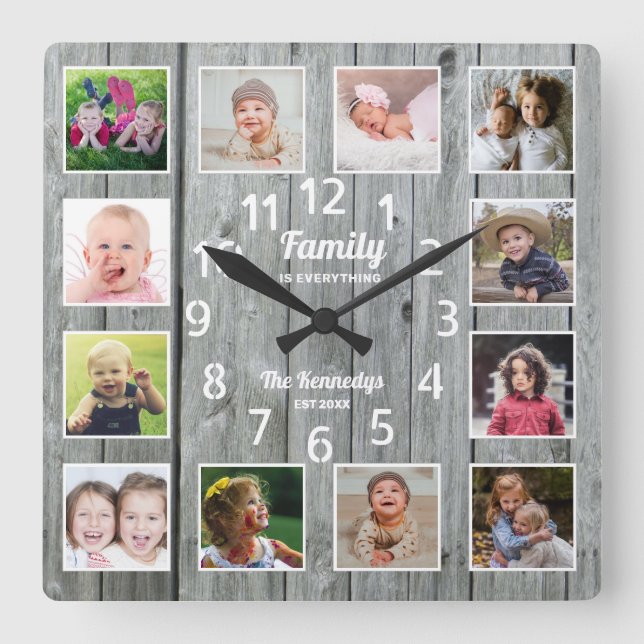 Family Is Everything Quote Photo Collage Grey Wood Square Wall Clock (Front)