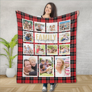 Family is Everything Red Black Plaid Photo Collage Fleece Blanket