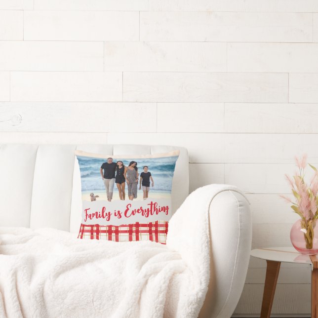 Family is Everything Red Plaid Throw Pillow (Couch)