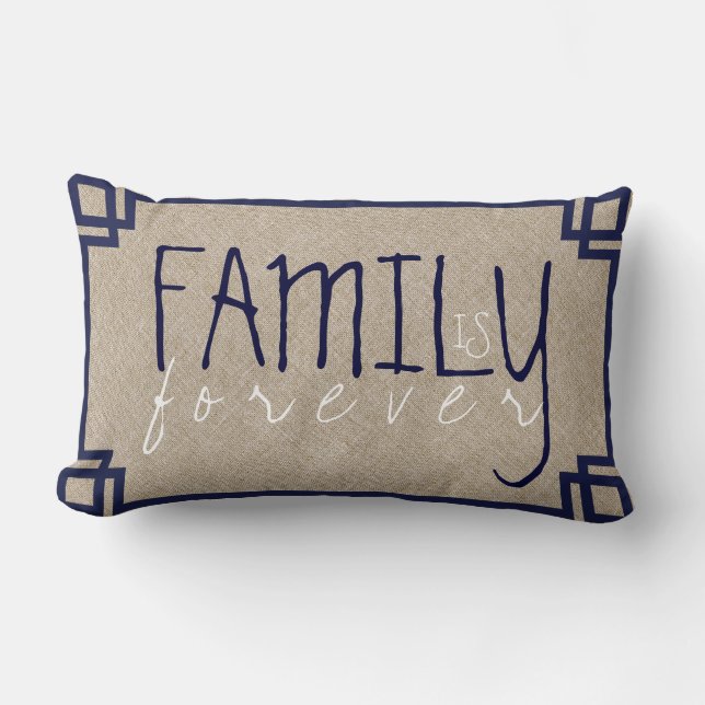 Family Is Forever Beige Linen & Blue Frame Lumbar Cushion (Front)