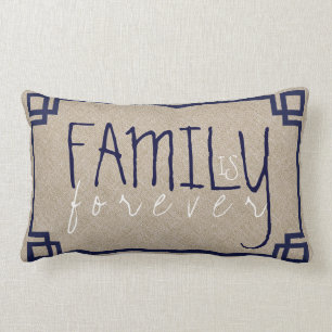 Family Is Forever Beige Linen & Blue Frame Lumbar Cushion