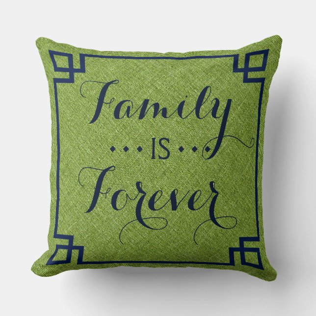 Family Is Forever green Linen Blue Frame Cushion (Front)