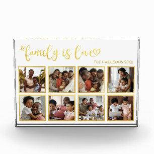 Family is Love Gold Heart Script Photo Collage Block
