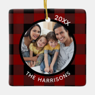 FAMILY IS LOVE (on back) 2-Photo Red & Black Plaid Ceramic Ornament
