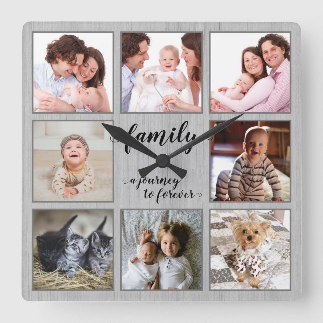 Family Journey to Forever Rustic Photo Collage Square Wall Clock (Front)