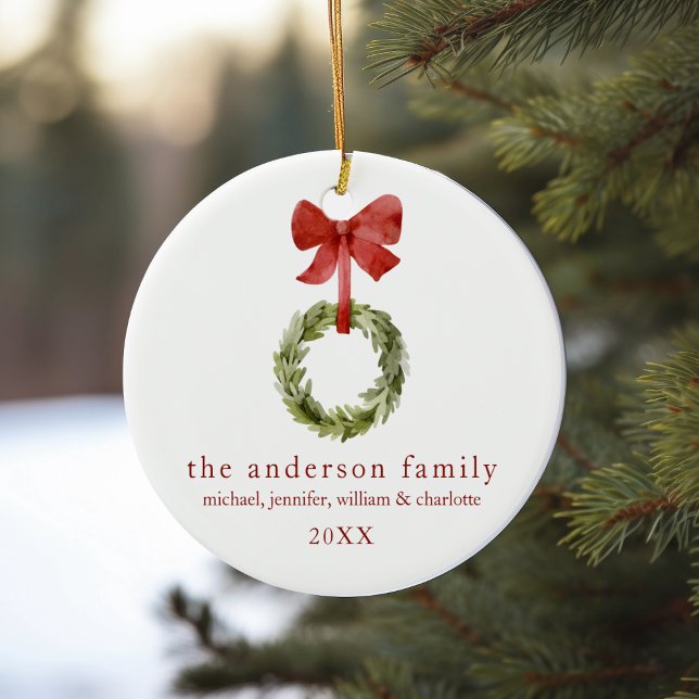 Family Keepsake Christmas Greenery Red Bow Ceramic Ornament (Creator Uploaded)