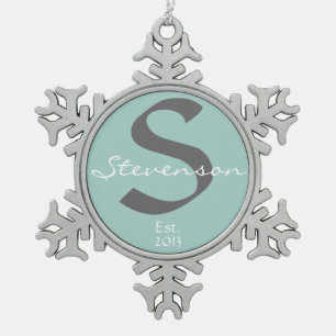 Family Keepsake Ornament, Name, Year, Grey on Blue Snowflake Pewter Christmas Ornament