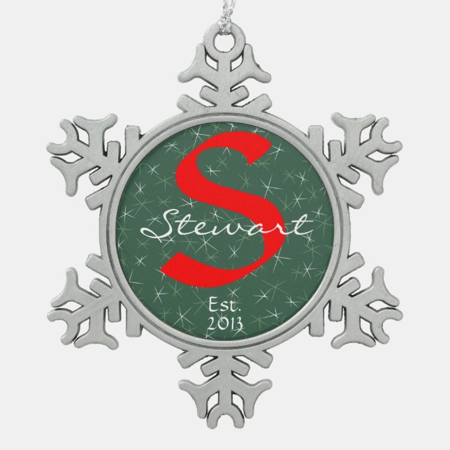 Family Keepsake Ornament, Name, Year, Red on Green Snowflake Pewter Christmas Ornament (Front)