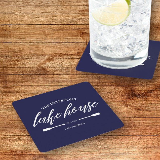 Family Lake House Coastal Nautical Navy Blue Oar Square Paper Coaster (Lake House Custom Coasters Family Name Rental Property Navy Blue Oar Nautical Rustic Coastal)