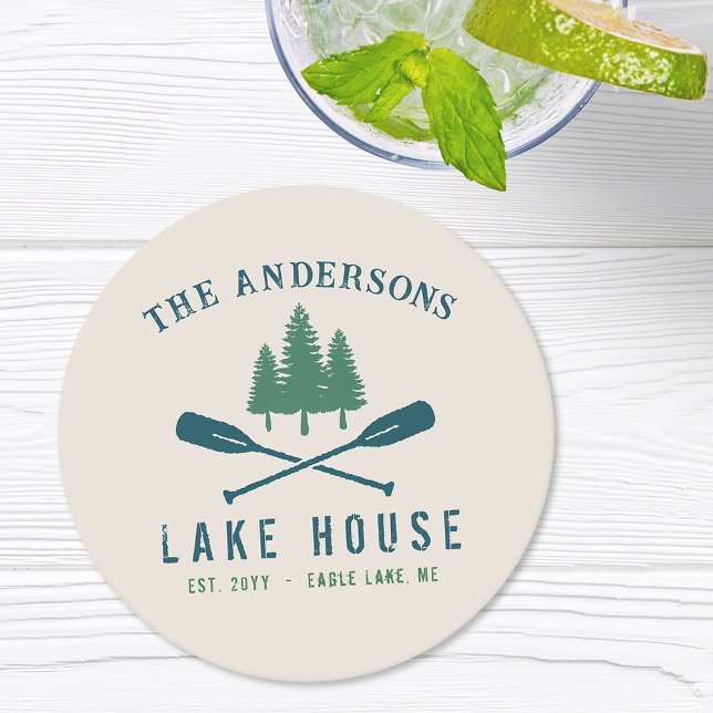 Family Lake House Modern Rustic Boat Oar Pine Tree Round Paper Coaster (Creator Uploaded)