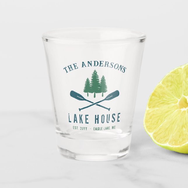 Family Lake House Modern Rustic Boat Oar Pine Tree Shot Glass (Front)