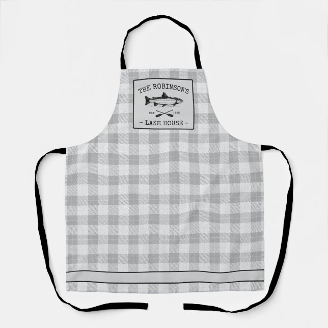 Family Lake House Oars Fish Rustic White Plaid Apron (Front)