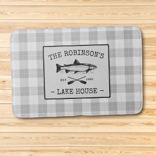 Family Lake House Oars Fish Rustic White Plaid Bath Mat