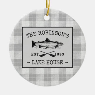 Family Lake House Oars Fish Rustic White Plaid Ceramic Ornament