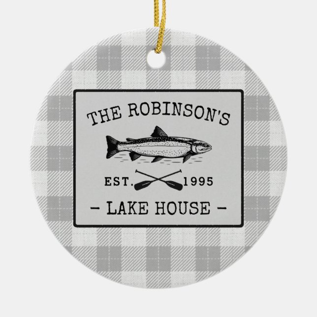 Family Lake House Oars Fish Rustic White Plaid Ceramic Ornament (Front)