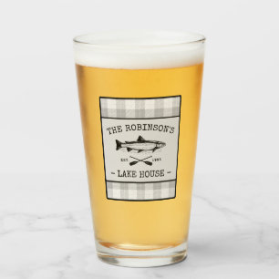 Family Lake House Oars Fish Rustic White Plaid Glass