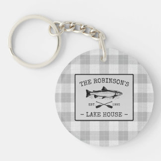 Family Lake House Oars Fish White Plaid 2 sided Key Ring
