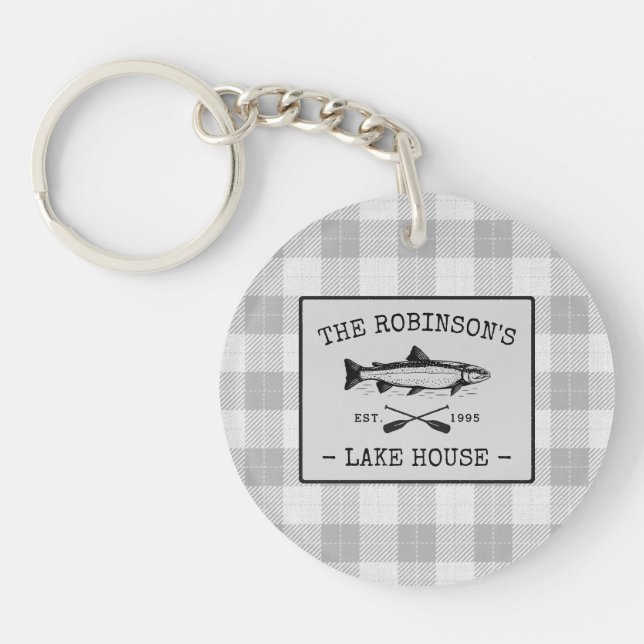 Family Lake House Oars Fish White Plaid 2 sided Key Ring (Front)