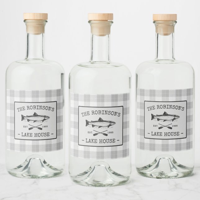 Family Lake House Oars Fish White Plaid Labels (Bottles)