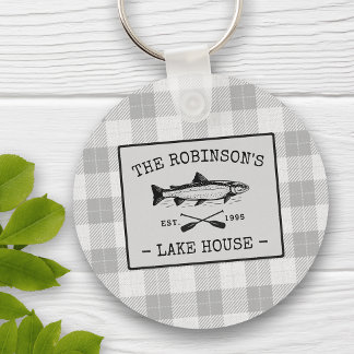 Family Lake House Oars Fish White Plaid Round Key Ring