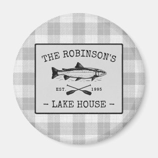 Family Lake House Oars Fish White Plaid Round Magnet