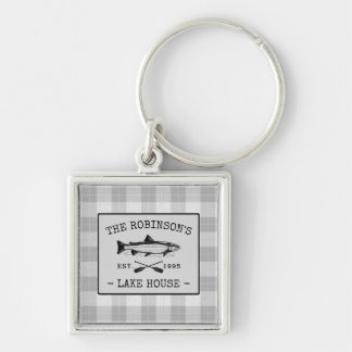 Family Lake House Oars Fish White Plaid Square Key Ring