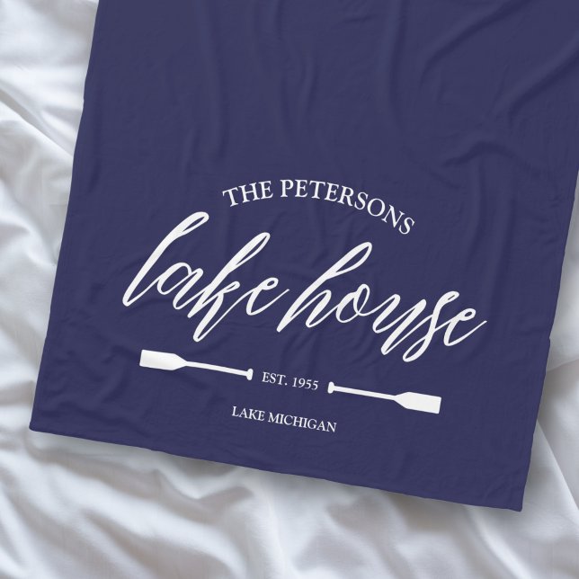 Family Lake House Rental Nautical Custom Decor Fleece Blanket (Custom Lake House Blanket with Family Name Navy Blue Oar Nautical Boathouse Decor)